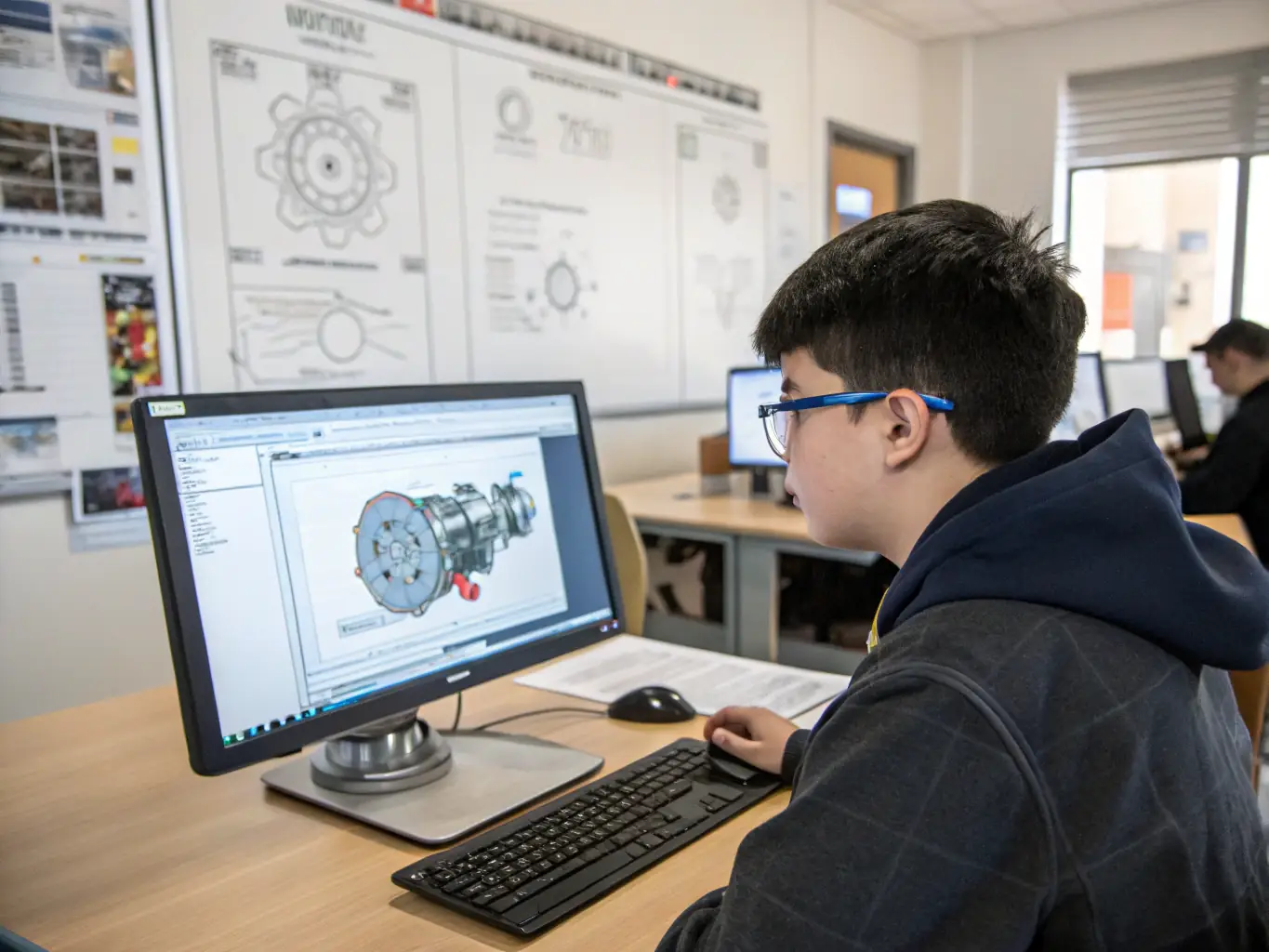 An image depicting a student using advanced software for engineering design, illustrating the advantages of the 'Advanced Engineering Tools' subscription plan.