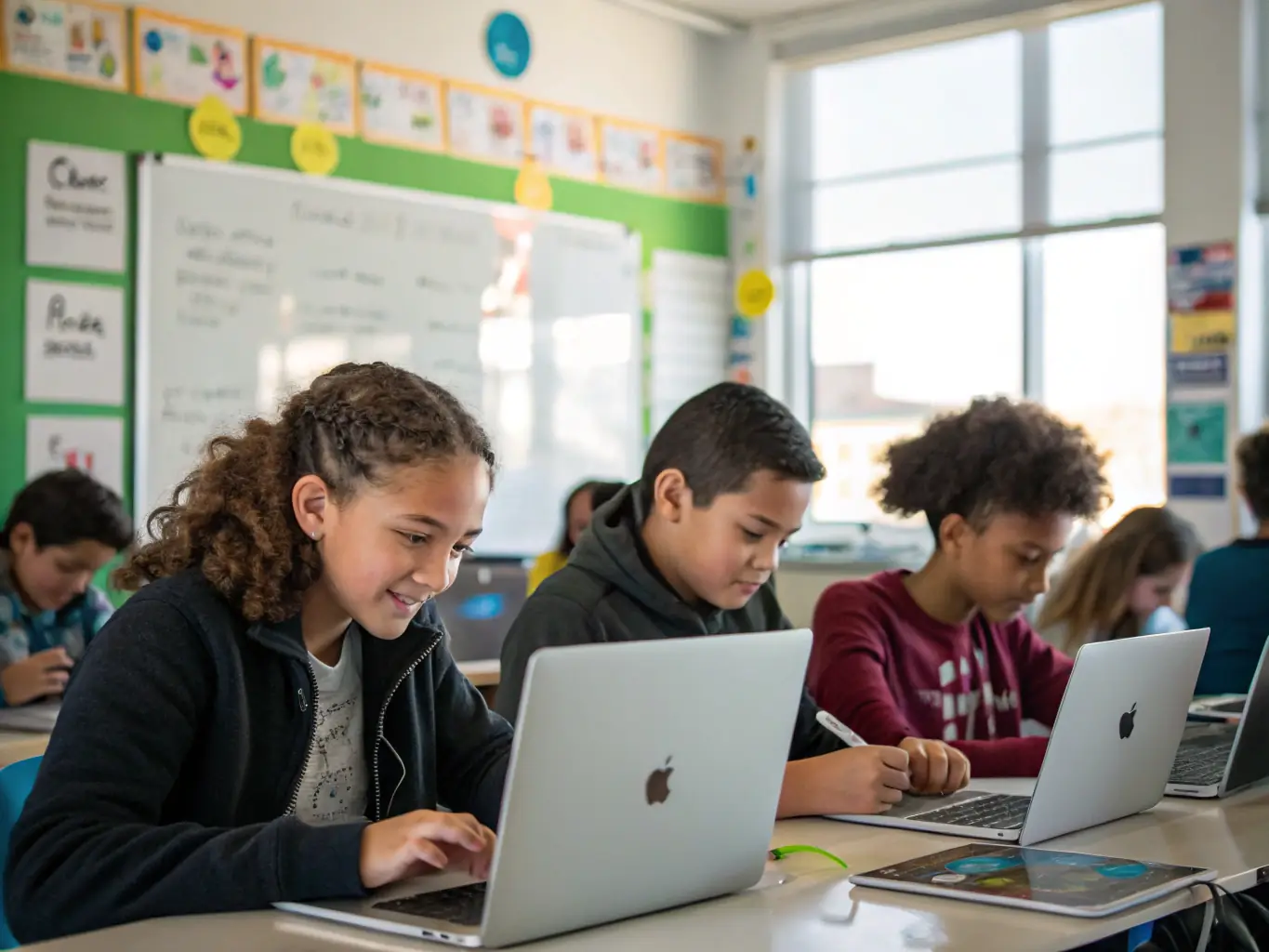 A group of students collaborating on a coding project, highlighting the school's focus on technology and innovation.