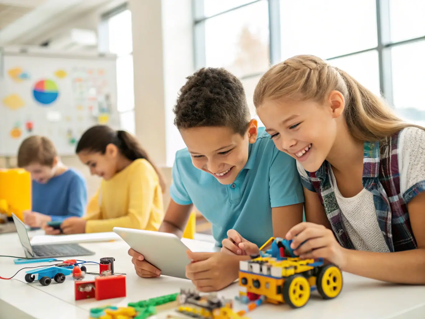 A vibrant image showing students collaboratively working on a project in a modern classroom setting, highlighting the benefits of the 'Collaborative Learning' subscription plan.