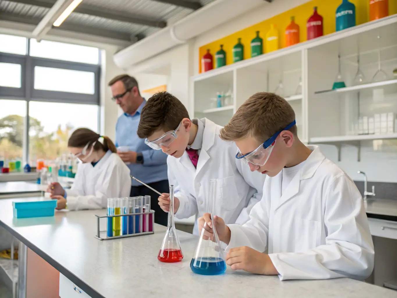 A brightly lit classroom with students actively engaged in a science experiment, showcasing hands-on learning.